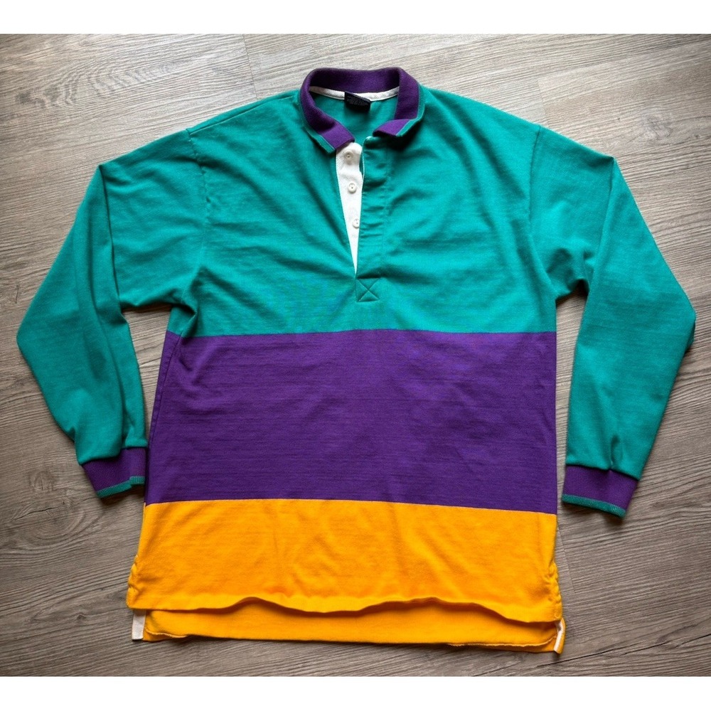 Vintage GANT Rugger Rugby Polo Shirt USA Color Block Teal Purple Gold XL